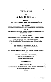 Thomas Simpson,  David M'Clure — A Treatise of Algebra: Wherein the Principles are Demonstrated, and Applied in Many Useful and Interesting Inquiries