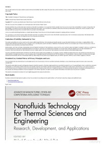 Mukesh Kumar Awasthi, Nitesh Dutt, Ashwani Kumar — Nanofluids Technology for Thermal Sciences and Engineering Research, Development, and Applications