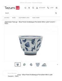 Unknown — Japanese Teacup - Blue Floral Arabesque Porcelain Mino-yaki Yunomi - 7 – Tezumi