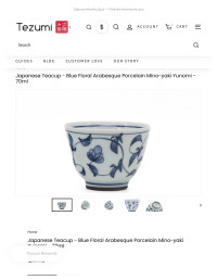 Unknown — Japanese Teacup - Blue Floral Arabesque Porcelain Mino-yaki Yunomi - 7 – Tezumi