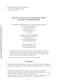 MADELEINE AKRICH, MICHEL CALLON, BRUNO LATOUR & ADRIAN MONAGHAN — THE KEY TO SUCCESS IN INNOVATION PART I: THE ART OF INTERESSEMENT