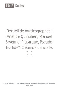 Bibliothèque nationale de France — Grec 2456 Aristide, Manuel Bryenne, Plutarque, Cléonide, Euclide, Aristoxène, Alypius, Gaudence, Nicomaque, Ptolémée, Porphyre, Bacchius