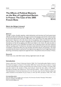 Marie des Neiges Léonard — “The Effects of Political Rhetoric on the Rise of Legitimized Racism in France. The Case of the 2005 French Riots”, Critical Sociology,